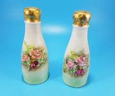 Vintage Handpainted Porcelain Salt & Pepper Shakers, Floral Pattern, Gold Top 4