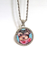 hand painted Yorkie  pendant silver tone bling beads 22