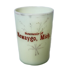 NEWAYGO , MICHIGAN MI Uranium Custard HEISEY ANTIQUE Souvenir Glass JUICE Cup picture
