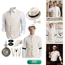 HaBaeBae 1920s Mens Costume with Fedora Hat Vest Pocket Watch Beige picture