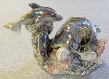 Vintage Iridescent Sea Turtle Dolphins Figurine Ceramic Lusterware Ocean Reef picture