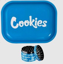 Blue Metal Rolling Tray & 4 Piece Aluminum Grinder Set Cookies Style Design picture