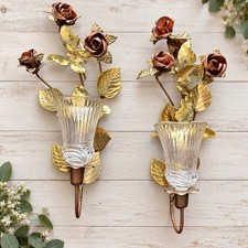Vtg Pair Brass Copper Rose Floral Butterfly Wall Sconces Glass Candle Holders picture