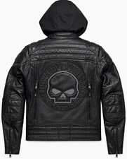 Harley Davidson Leather Jacket Men’s Black Hooded Willie G Skull Moto Riding picture