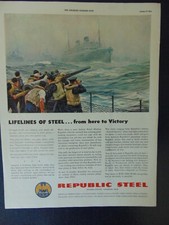 1942 REPUBLIC STEEL SUPPLYING SHIP BUILDING  vintage art print ad picture