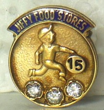 JIFFY FOOD STORES Co. employee service award advertising tie pin with real 💎's picture