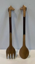 Vintage Hand Carved Wood Hand Crafted Hardwood Giraffe Salad Serving Spoon Fork picture