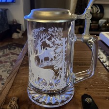 Vtg Domex Etched Glass Beer Stein Westerwald Germany Pewter Lid Stag Trees 7