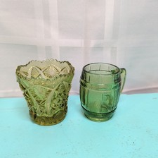 2 Vintage Green Pressed Glass Toothpick Holders Mini Barrel Mug Shot Glass... picture