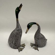 Vintage Brass Goose Geese Figurines Set of 2 Hand Painted Etched Waterfowl Decor picture