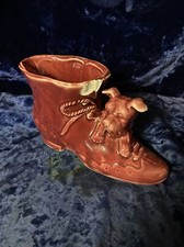 Vintage Ceramic USA Pottery Burgundy Boot / Shoe with Puppy Vase/Planter picture