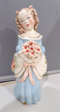 Porcelain Victorian Girl Figure Holding Bouquet w/ Ringlet Hair picture