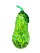 Art Glass Pear Paperweight Green Yellow Speckled 8in Tall picture