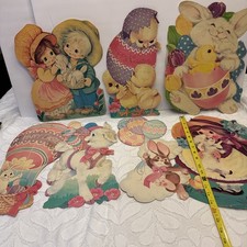Vintage 7 Easter Diecut Decoration Bunnies Eggs Lamb Chicks Cardboard Ephemera picture