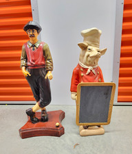 2pc Painted Resin Chef Figurines Set Man & Pig with Chalkboard Sign Multicolor picture