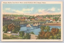 Vintage 1954 Bangor ME Skyline Penobscot River Linen Postcard picture