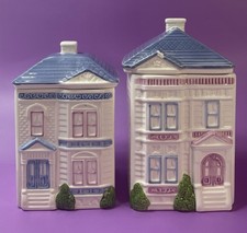 Vintage 1988 Victorian House Canister Set 2Pc Ceramic Blue Pink. Mexico Read picture