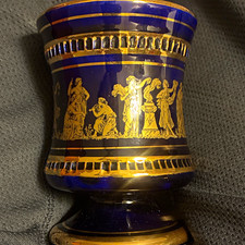 Vintage Neofitou Keramik Dark Blue 24K Gold Trim Votive Vase Hand Painted Greece picture