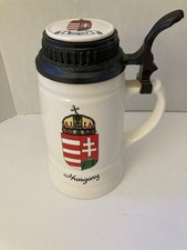 Vintage Hungarian Ceramic Stein With Coat Of Arms Made In Budapest 7in picture