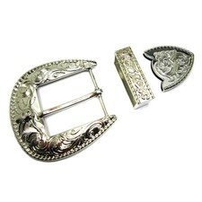 Western Cowboy 3 Piece Buckle Set Engraved Longhorn Fits 1.5 inch 40mm Belts picture