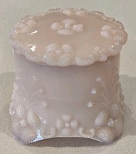 Fostoria Pink Milk Glass Puff Box Dresser Jar Small Trinket w Lid VTG MCM Floral picture