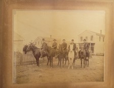 Large c.1890s Cabinet Card Photo of Five Horsemen on Horseback in Rural Town Str picture