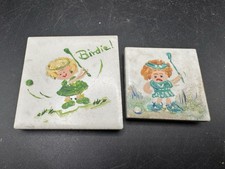 Vintage Hand Painted Ceramic Golf Art Tiles Humorous Kitsch Set of 2  picture