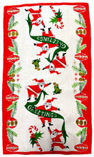 NWOT 40s 50s Linen Tea Towel ATOMIC SANTAS Shiny Brites picture