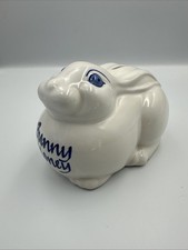 Vintage Stoneware Chubby Bunny Money Blue And White Coin Bank. Pristine picture