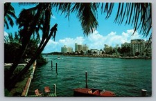 Miami Beach FL Hotel Row And Indian Creek Boats Skyline Florida Postcard Vtg F8 picture