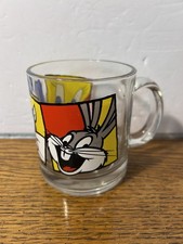 Vtg 1994 Warner Bros Looney Tunes Clear Glass Mug Bugs Bunny Tweety Sylvester picture