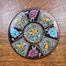 Vintage Hand Painted Metal Wall Plate Floral Folk Art 7.5