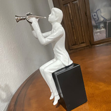 White Ceramic Man Trumpet Player Figurine, Glossy Finish, Black Base picture