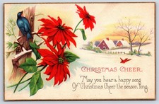 Antique 1928 Christmas Cheer Postcard Poinsettias Bluebird Snowy Village PA picture