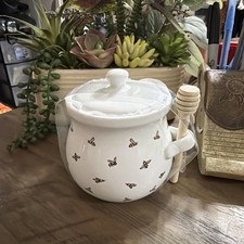 White Ceramic Honey Pot With Wooden Dipper, Bumblebee Pattern - NEW picture