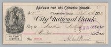 1882 Bank Check ASYLUM FOR THE CHRONIC INSANE  Worcester MA - Nice picture