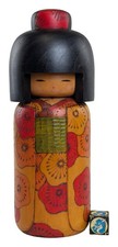Large Creative Kokeshi Doll w/ Orange Kimono Design by Tomidokor Fumio. 30cm 12