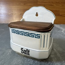 Vintage Ceramic Salt Box Original Wood Lid Blue Greek Key Farmhouse /Art Deco picture