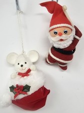 Lot of 2 Vintage Flocked Felt Mouse & Santa Christmas Tree Ornaments 4.5