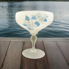 Vtg. Large White Satin Glass Candy Dish Hand painted Blue Floral 9.5