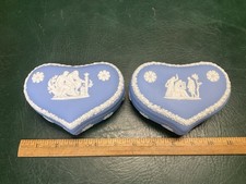 Two Wedgwood Blue Jasperware Heart Shaped Trinket Jewelry Boxes ~ England picture