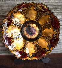 Antique Goofus Glass Gold Bowl w Red Carnations Scalloped Sides picture