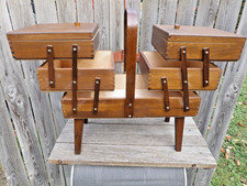 VINTAGE Large Wooden Accordion Sewing Box 4-3 tier cantilever picture