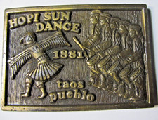 Vintage Solid Brass Belt Buckle Hopi Sun Dance 1881 Taos Pueblo              108 picture