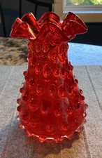 Fenton Ruby Red Hobnail Glass Vase with Double Ruffle Top 5.5” Fiery Orange Red picture