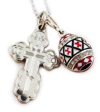 Sterling Silver Pysanky Egg Pendant St Olga Orthodox Three Bar Cross Chain SET picture