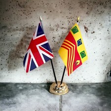 GLOUCESTERSHIRE OLD STYLE & UNION JACK TABLE FLAG SET 2 flags & BASE 26cm tall picture