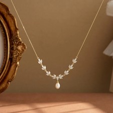 Dainty Freshwater Pearl Diamond Leaf Wedding Necklace In 14k Yellow Gold Plated picture