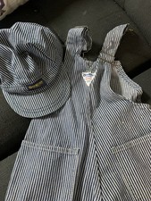 Vintage Osh Kosh B’Gosh Hickory Stripe Train Conductor Hat Cap And Overalls Bib  picture