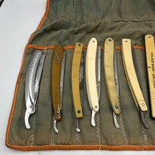 VTG Antique Straight Razor Collection Lot of 12 w/ Folding Canvas Roll Up Pouch picture